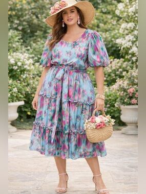 Badgley Mischka Macie Belted Midi Dress |  Cottagecore | NWT